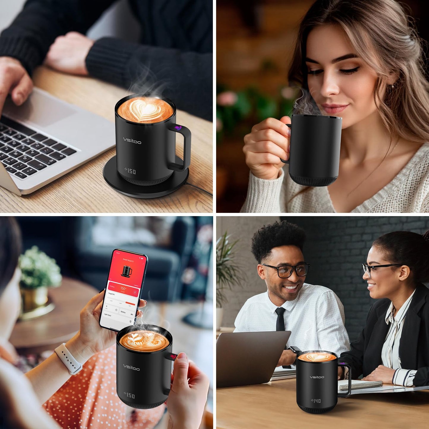 Vsitoo S3 12oz Heated Mug - Temperature Control Smart Mug with Mug Warmer, Perfect for Espresso, Auto-Sensing AI Heats Drinks to 120-150°F Hands-Free.Ideal for Home/Office/Gifts，Black