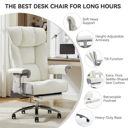 Efomao Big and Tall Office Chair 400lbs - Heavy Duty Executive Desk Chair with Foot Rest & 23" Wide Seat - High Back Ergonomic Leather Computer Chair for Heavy People, Home Office, White