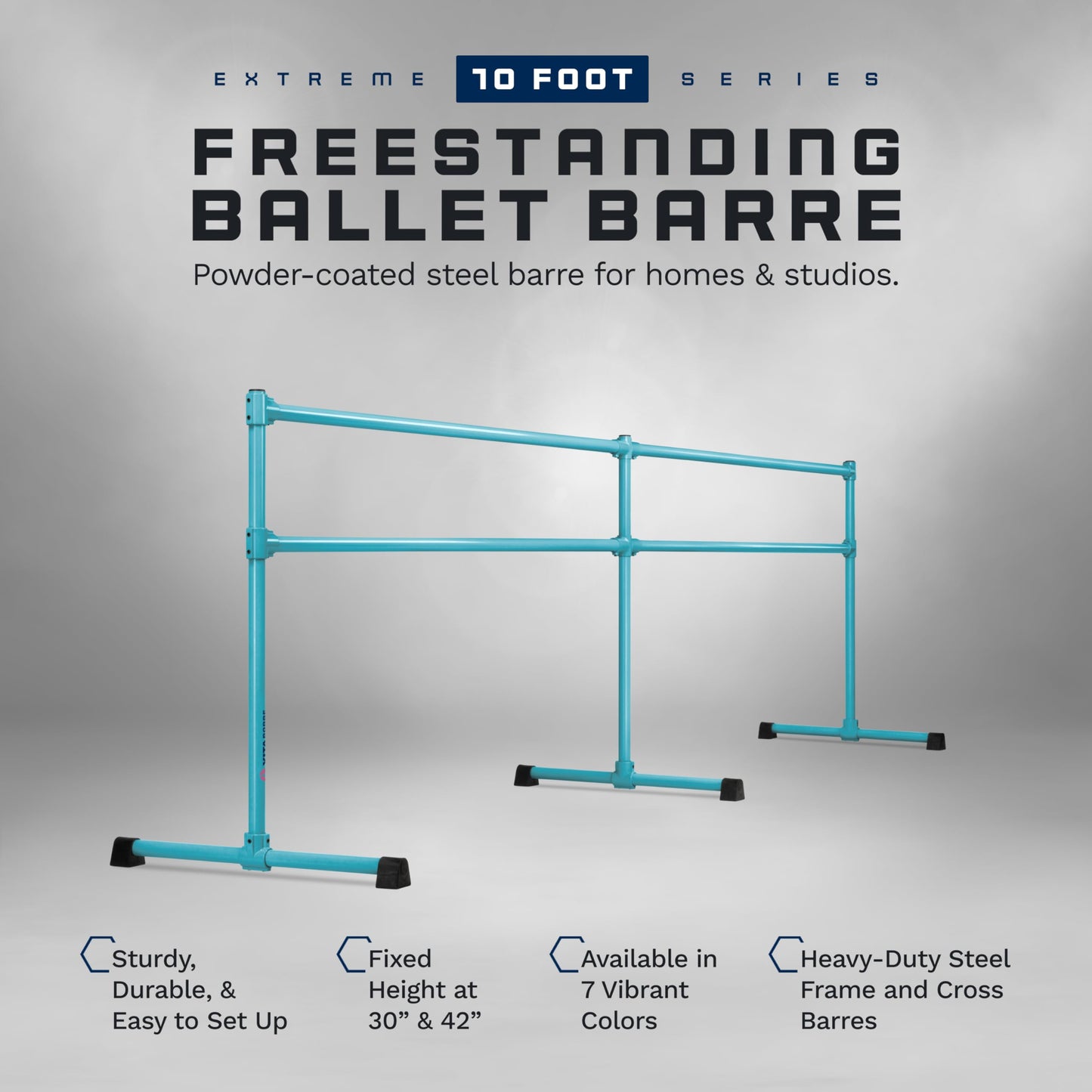 VITA Barre Portable Freestanding Double Ballet Barre, Extreme, 10 Ft Bars, Teal, Steel | Fixed Height, Made in USA, Home or Gym Exercise Equipment for Kids & Adults | Dance, Fitness, Pilates