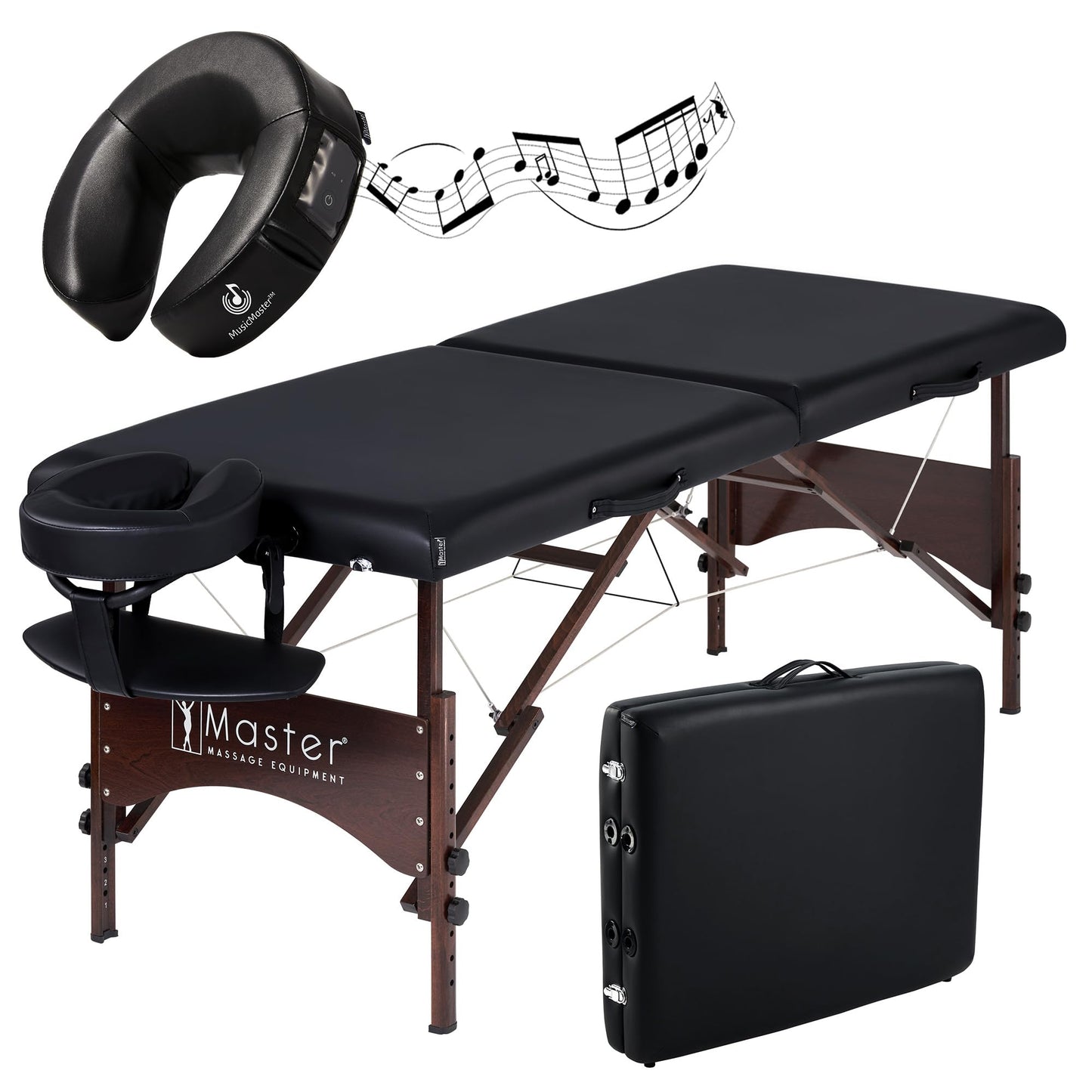 Master Massage Argo 28" Portable Massage Table with Walnut Legs – Spa Bed, Lash Table, Tattoo Bed, Beauty Bed – Black (Extra Music Face Cushion)