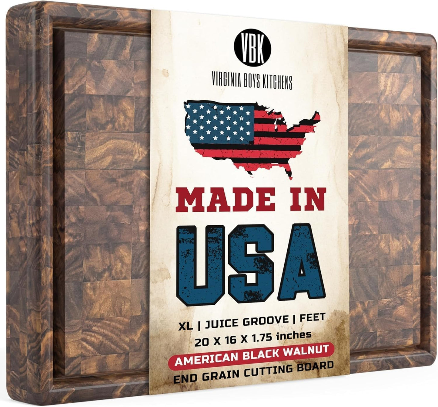 Virginia Boys Kitchens - Made in USA - Walnut Wood Cutting Boards (20"x16" End Grain with Feet and Juice Groove)
