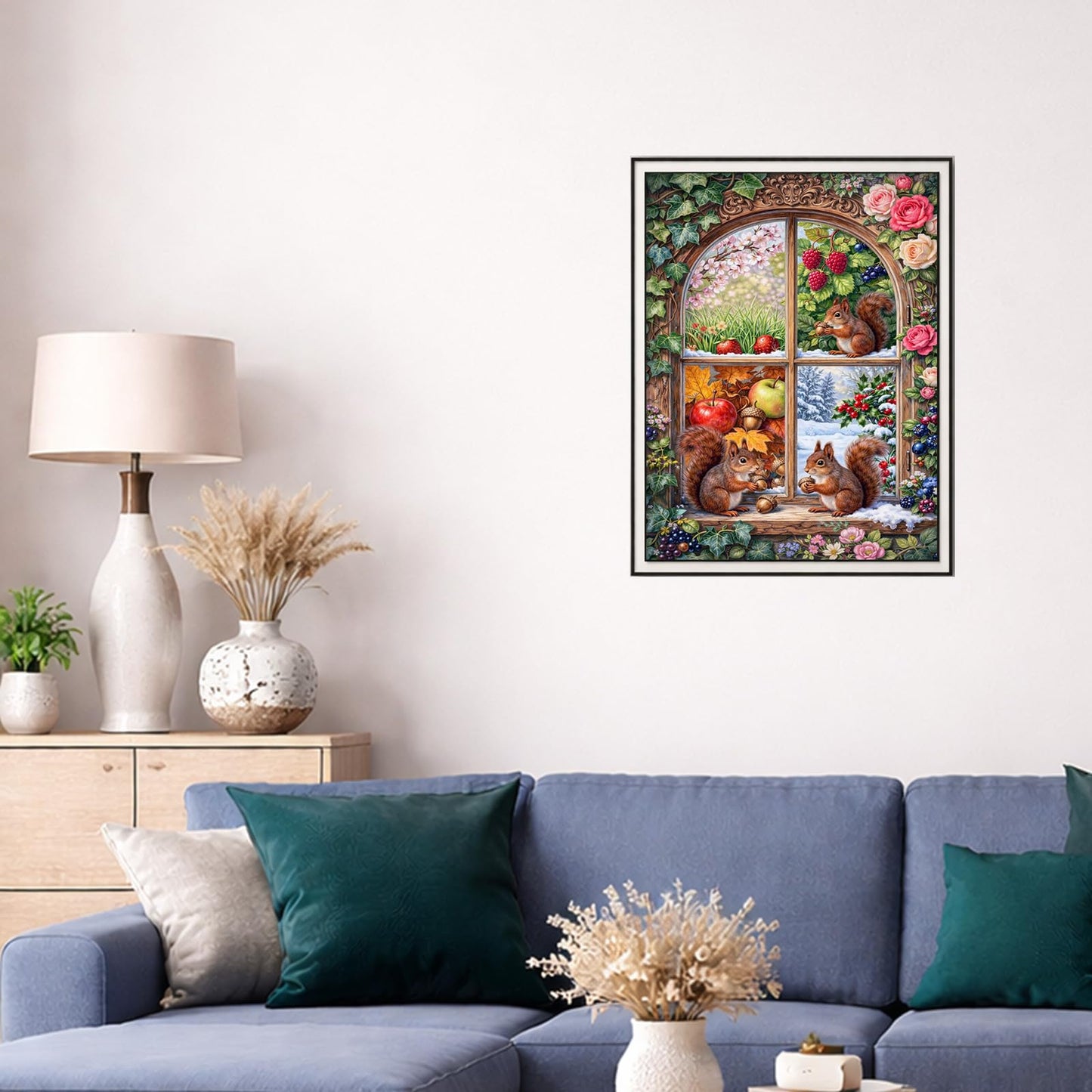 IOHEFY Squirrel Four Seasons Window Diamond Painting 12 x 16 Inch Full Drill Acrylic Diamond Art Cute Woodland Animal Spring Summer Autumn Winter Nano Pearlescent Canvas