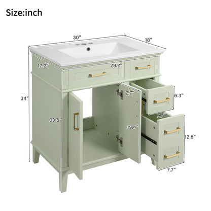 Favfurish 30" Bathroom Vanity with Ceramic Sink, Modern Storage Cabinet with Soft-Close Doors,Deep Drawer & Standard Drawer, Stylish Bath Vanity for Small Bathroom,Easy Assembly,Green