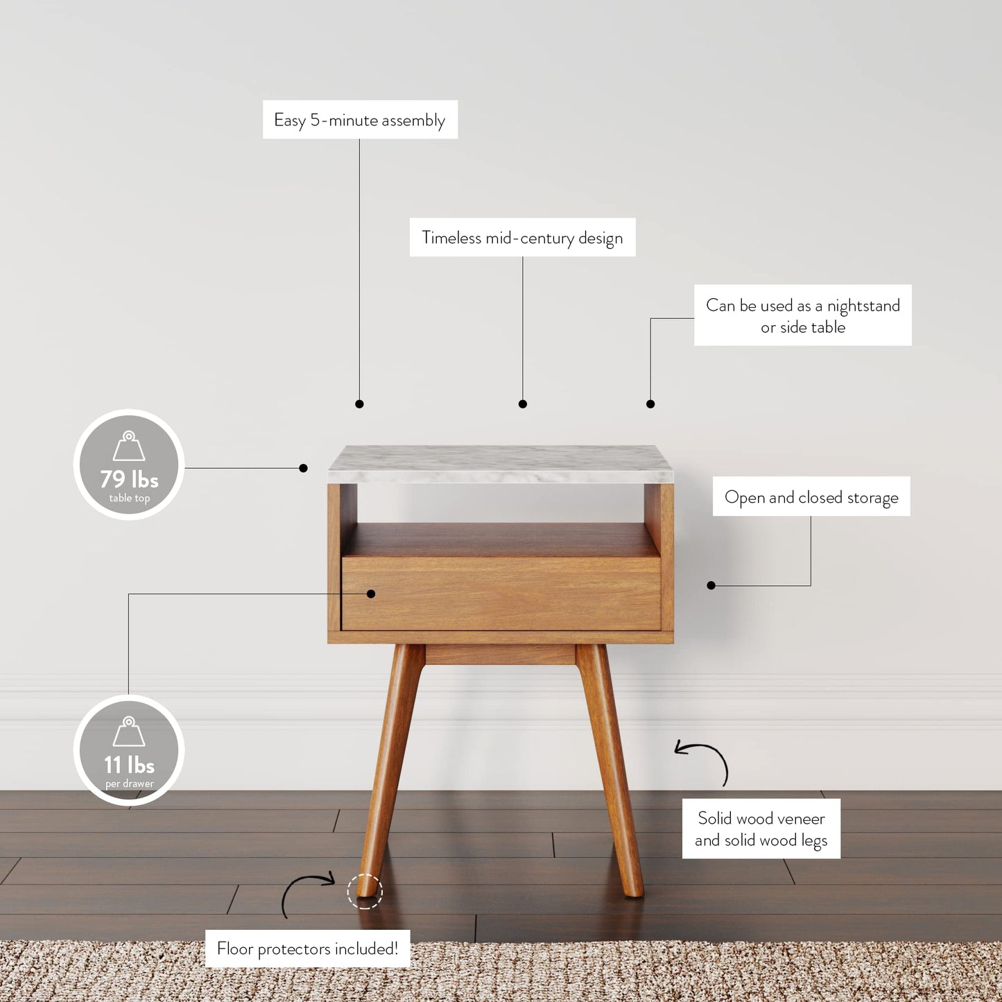 Nathan James Mid-Century James Faux White Marble Accent Side or End Table with Walnut Finish and Marble Table-top with Storage, White/Brown, Set of 2