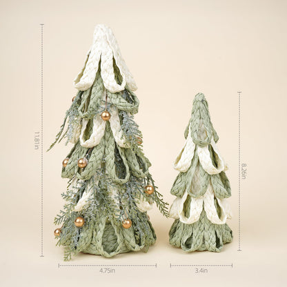 2PCS Hand Woven Christmas Tree Decor, Set of 11.8 Inch and 8.3Inch Tabletop Trees with Golden Berries, Farmhouse Winter Decor for Centerpiece, Mantel, Holiday Home Decorations