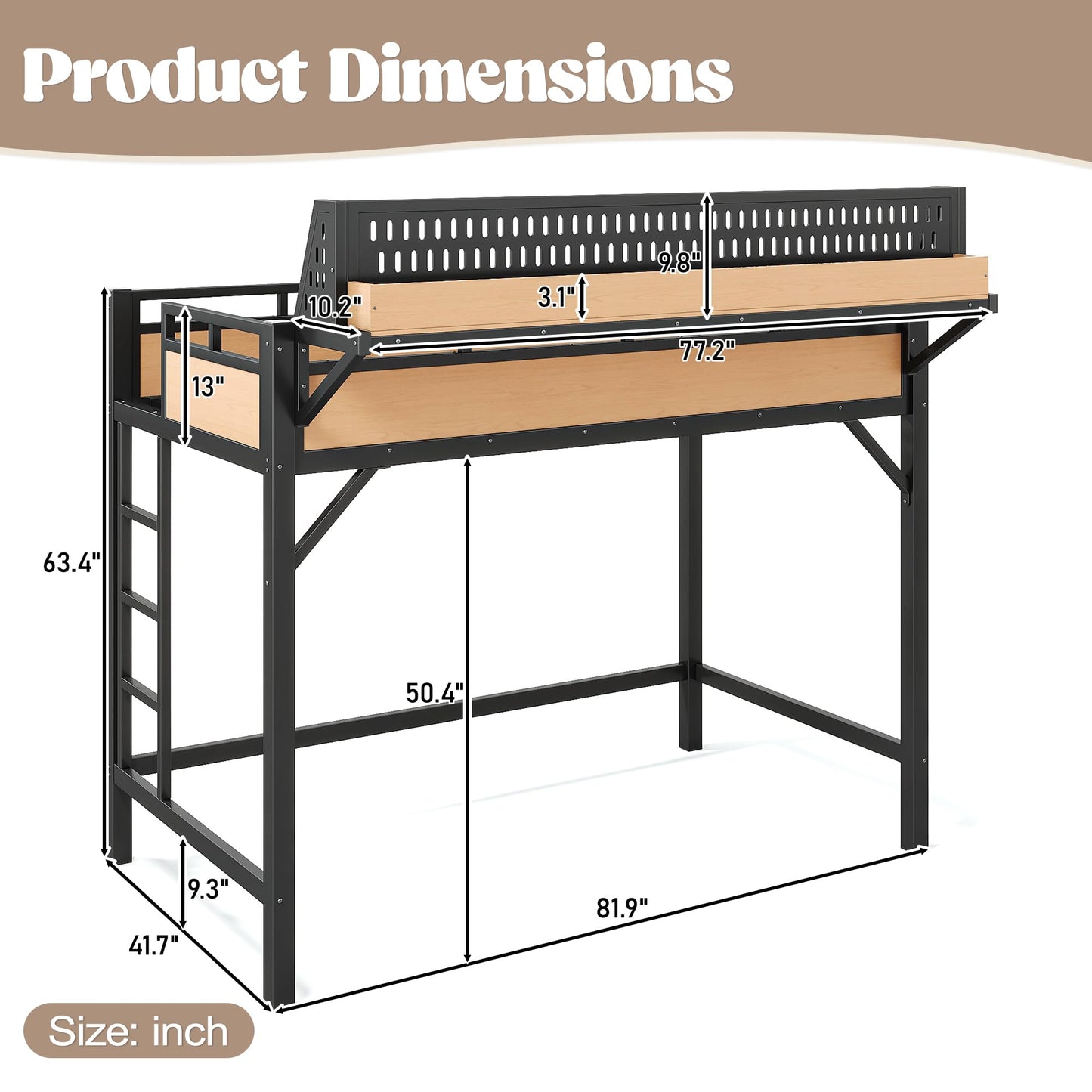 DNYN Metal Loft Bed with Storage Guardrails and Pegboard for Teens Bedroom/Dorm, Twin XL Size Loft Bed Frame with USB Ports and LED, Space-Saving Design & No Box Spring Needed