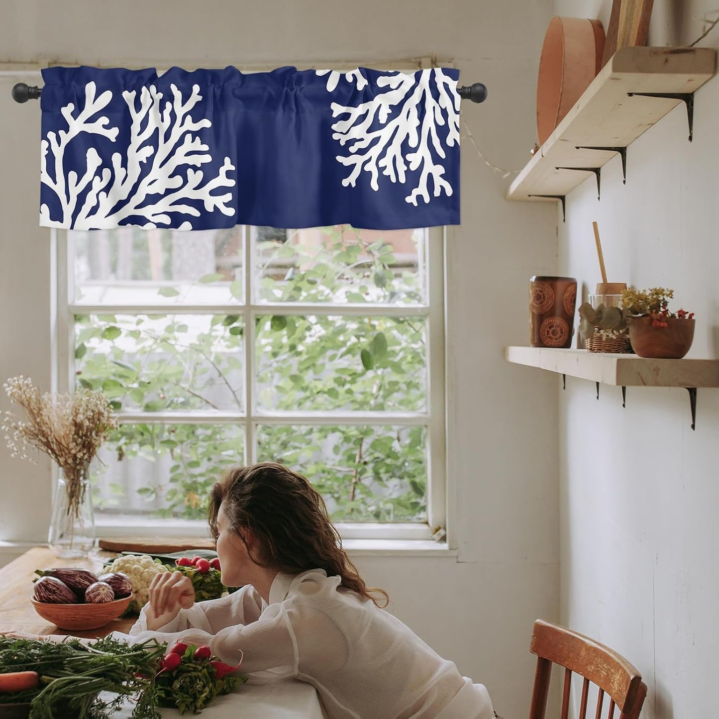 Navy Blue Coral Farmhouse Short Window Curtain Valances, 1 Panel Coastal Nautical Rod Pocket Kitchen Valances