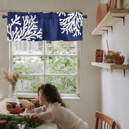 Navy Blue Coral Farmhouse Short Window Curtain Valances, 1 Panel Coastal Nautical Rod Pocket Kitchen Valances