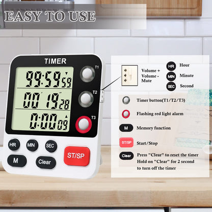 QINFIEY Digital 3 Channels Kitchen Cooking Multiple Timer with Large LCD Count Up Down Stopwatch ON Off Switch Timer for Teaching Reading 3-Level Adjustable Volume with Magnetic Back (Style C)