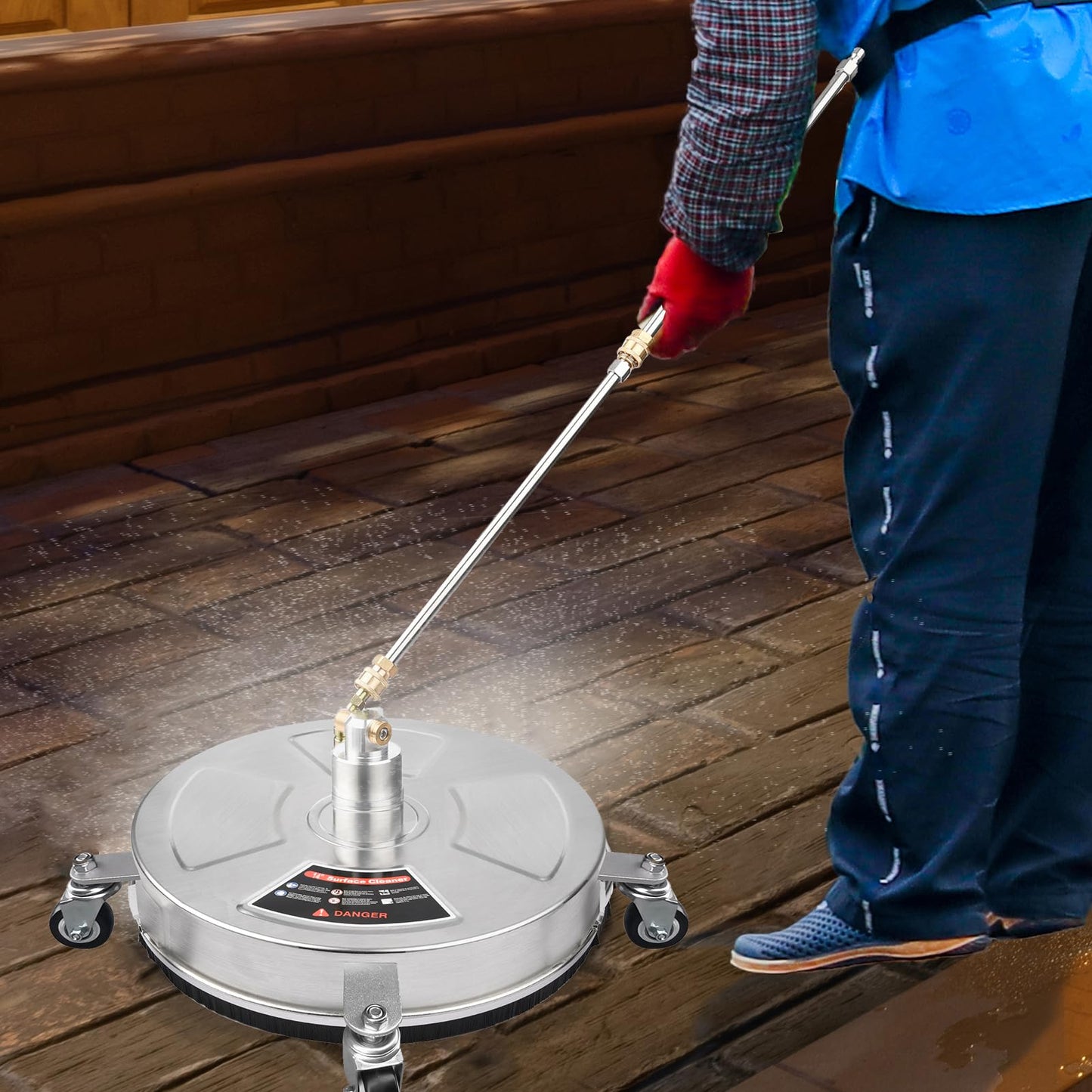 TRELVEX 14 Inches Pressure Washer Surface Cleaner Stainless Steel Housing Power Washer Accessory with 4 Wheels 1/4 Inch Quick Connector 2 ExWand Attachments 4000 PSI for Cleaning Driveways Sid