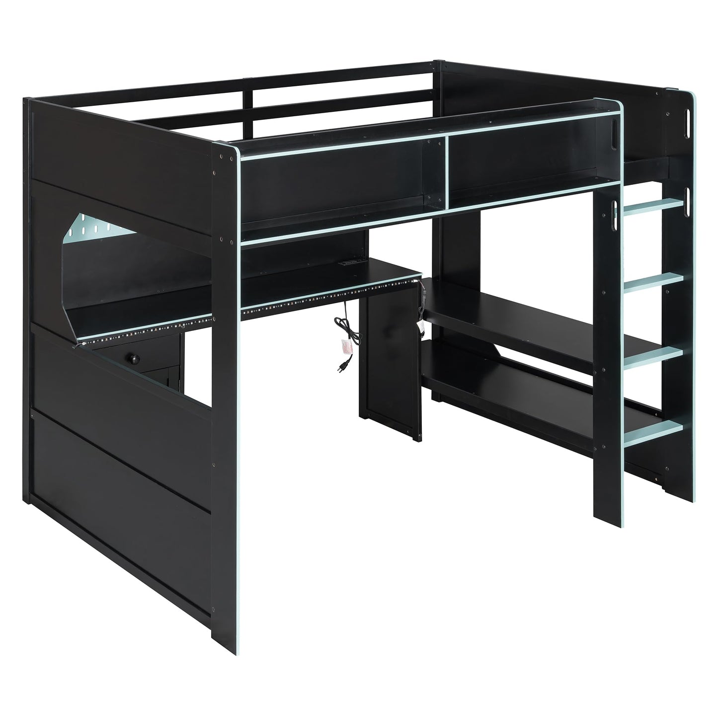 Merax Full Size Gaming Loft Bed with Integrated Desk and Lights, Modern Wooden Bed Frame with Desk and Built-in Charging Station, Black+Blue