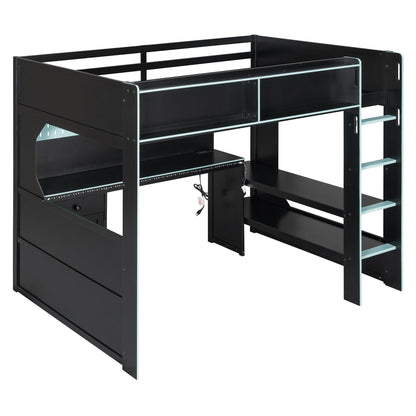 Merax Full Size Gaming Loft Bed with Integrated Desk and Lights, Modern Wooden Bed Frame with Desk and Built-in Charging Station, Black+Blue