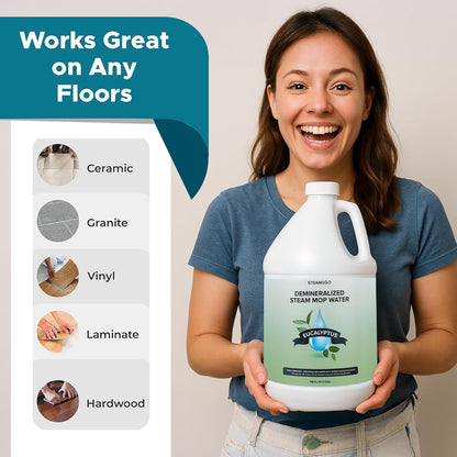Steam & Go Demineralized Water - Ready-to-Use Multi-Surface Cleaner | Eucalyptus Mint, 128oz