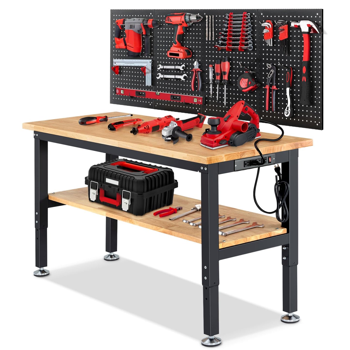ENJOYWOOD 60" x 22" Adjustable Height Workbench with Under Table Shelf Heavy Duty Rubberwood Top Work Table for Garage, Workshop, Office & Home