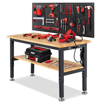 ENJOYWOOD 60" x 22" Adjustable Height Workbench with Under Table Shelf Heavy Duty Rubberwood Top Work Table for Garage, Workshop, Office & Home