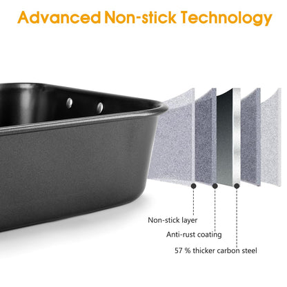 Roasting Pan with Rack, 15.75x11.02’’ Baking Pan for Oven with Rack & Silicon Hand Clip & Oilbrush, Heavy Duty Dishwasher Safe Rectangular Lasagna Pan with Handle for Turkey, Dark Grey