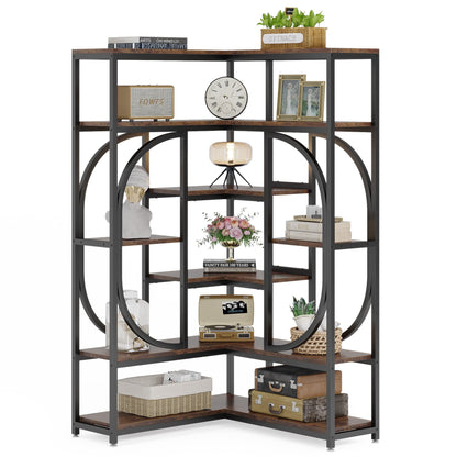 LITTLE TREE Large Corner Bookshelf Industrial Bookcase for Living Room Home Office,Brown