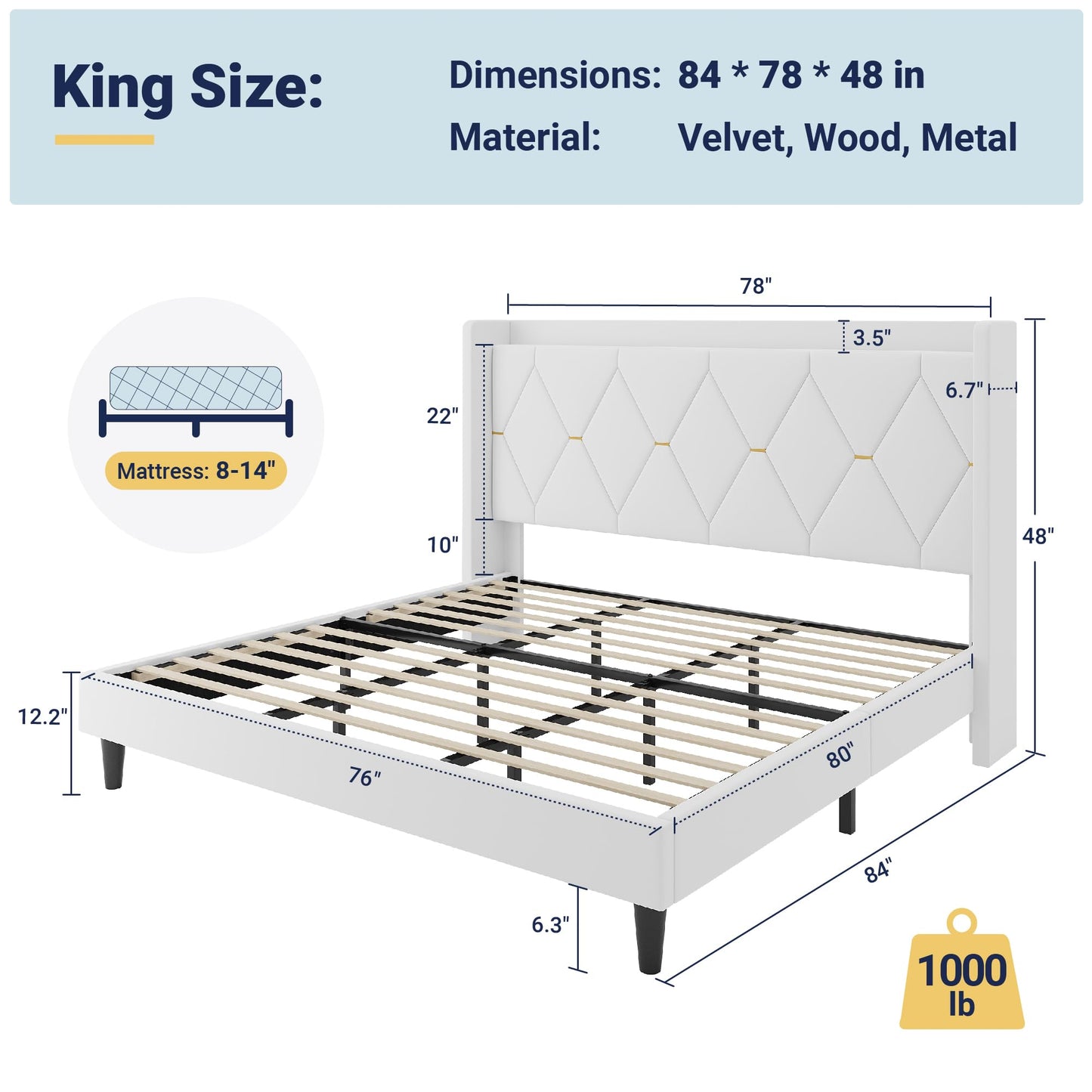 Allewie Velvet King Size Upholstered Bed Frame with Wingback Storage Headboard & Charging Station, Platform Bed with Diamond Tufted Design & Gold Trim, No Box Spring Needed, Easy Assembly, White