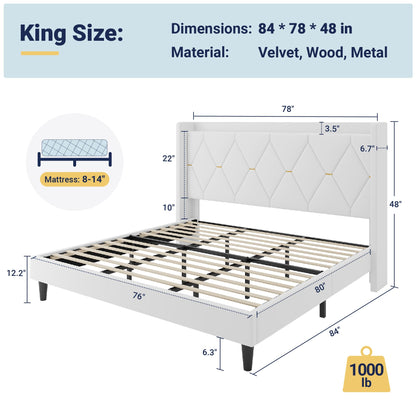 Allewie Velvet King Size Upholstered Bed Frame with Wingback Storage Headboard & Charging Station, Platform Bed with Diamond Tufted Design & Gold Trim, No Box Spring Needed, Easy Assembly, White