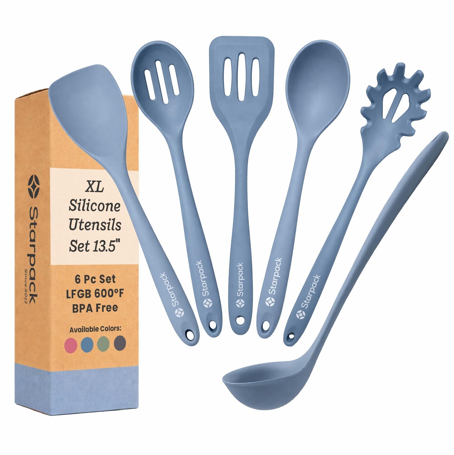 Starpack Like a Boss XL Silicone Cooking Utensils Set (6-Piece, 13.5") - LFGB Certified, 600°F Heat Resistant, BPA-Free - Heavy-Duty Steel Core, Dishwasher Safe - for Nonstick Cookware, Light Blue