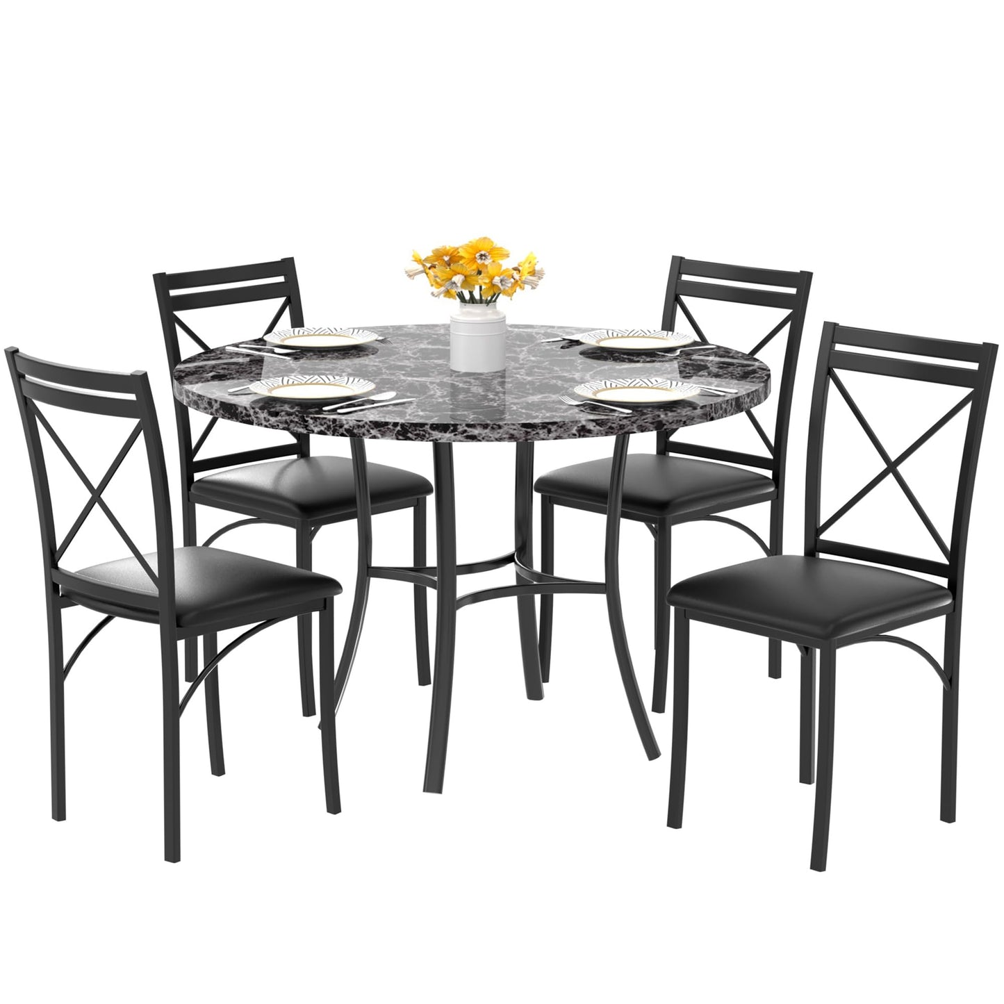 VECELO 5 Piece Dining Table Set for 4, Faux Marble Dinette with Chairs for Kitchen, Breakfast Nook, Small Space, Pure Black