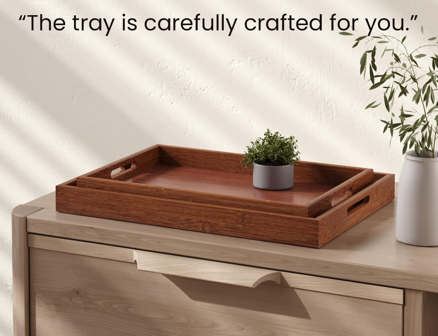 Fibogollo Bamboo Set of 2 Serving Tray with Handles,Decorative Trays Platter,Breakfast Tray in Bed,Food Drinks Tray for Eating,Working,Storing(Brown)