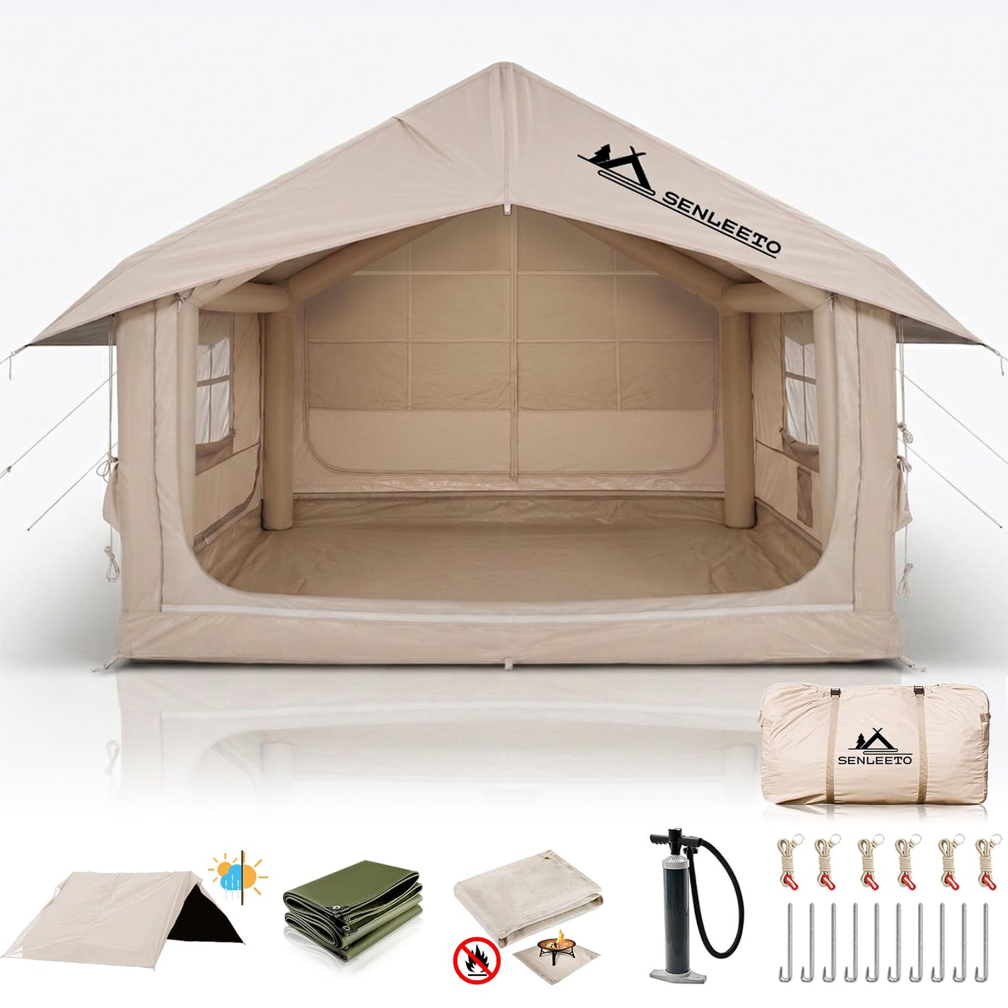 10' x 8' Inflatable Camping Tent for 6-8 People, 4 Season Blow up Tent with Rainfly, Easy Setup Air Pump, Waterproof pad, Luxury Inflatable Hot Tent with Stove Jack for Camping