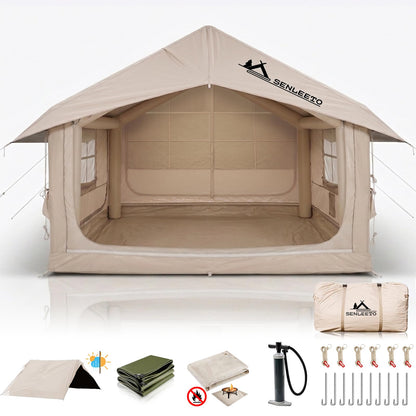 10' x 8' Inflatable Camping Tent for 6-8 People, 4 Season Blow up Tent with Rainfly, Easy Setup Air Pump, Waterproof pad, Luxury Inflatable Hot Tent with Stove Jack for Camping