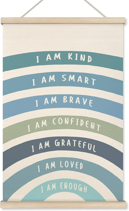 16x24 inch HRQKO Blue I Am Kind Smart Inspirational Poster Hanger Frame, Boho Rainbow Wall Art with Wooden Frames