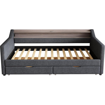 FAVSH Upholstered Daybed with Two Drawers and 2-Tier Storage Shelf, Twin Size Day Bed with USB & LED Light for Bedroom Apartment, Dark Grey