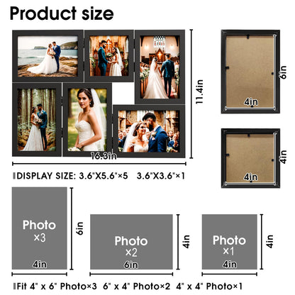 WARM&LOVE 6 Picture Frame, 4x6 & 4x4 Six Folding Hinged Photo Frames, Rustic Wood Desk Family Photo Collage Stand Vertical on Tabletop for Birthday Family Lover Gift (Black)