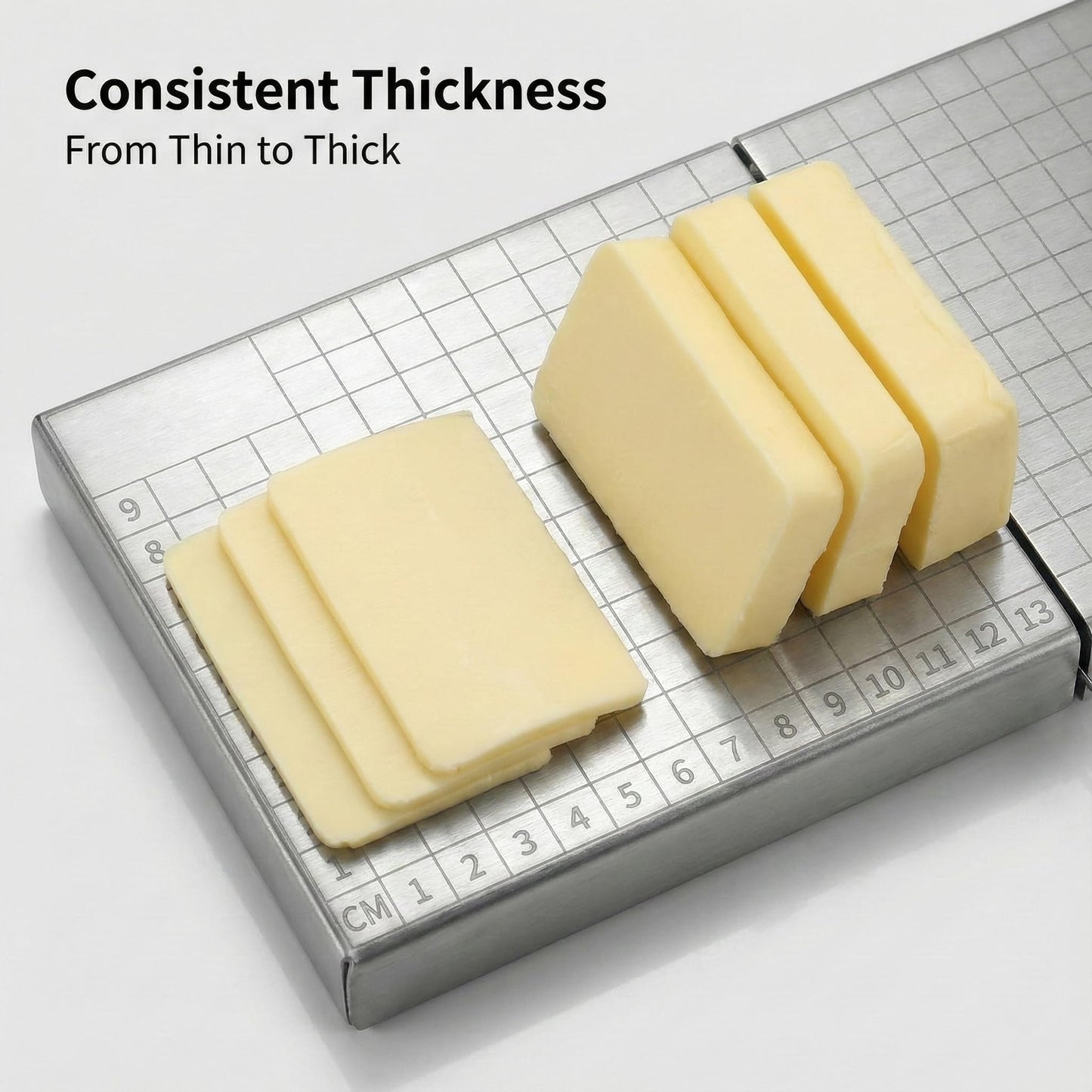 Cheese Slicer Board with Wire, Stainless Steel Cheese Cutter with Measuring Grid, Adjustable Thickness for Cheese & Butter, Includes 5 Replacement Wires