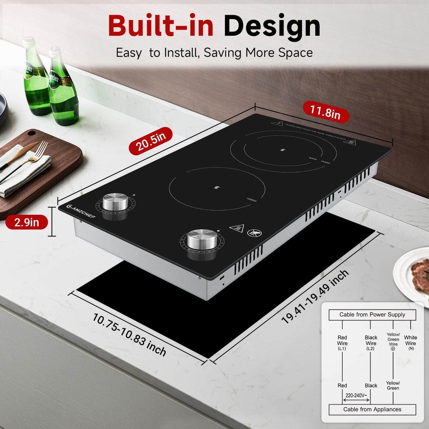 AMZCHEF 12Inch 2 Burner Electric Cooktop, 1800W/11Levels 2 Burners Stove Top With Knob Control Countertop & Built-in Radiant Electric Stove with Residual Heat Indicator