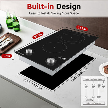 AMZCHEF 12Inch 2 Burner Electric Cooktop, 1800W/11Levels 2 Burners Stove Top With Knob Control Countertop & Built-in Radiant Electric Stove with Residual Heat Indicator