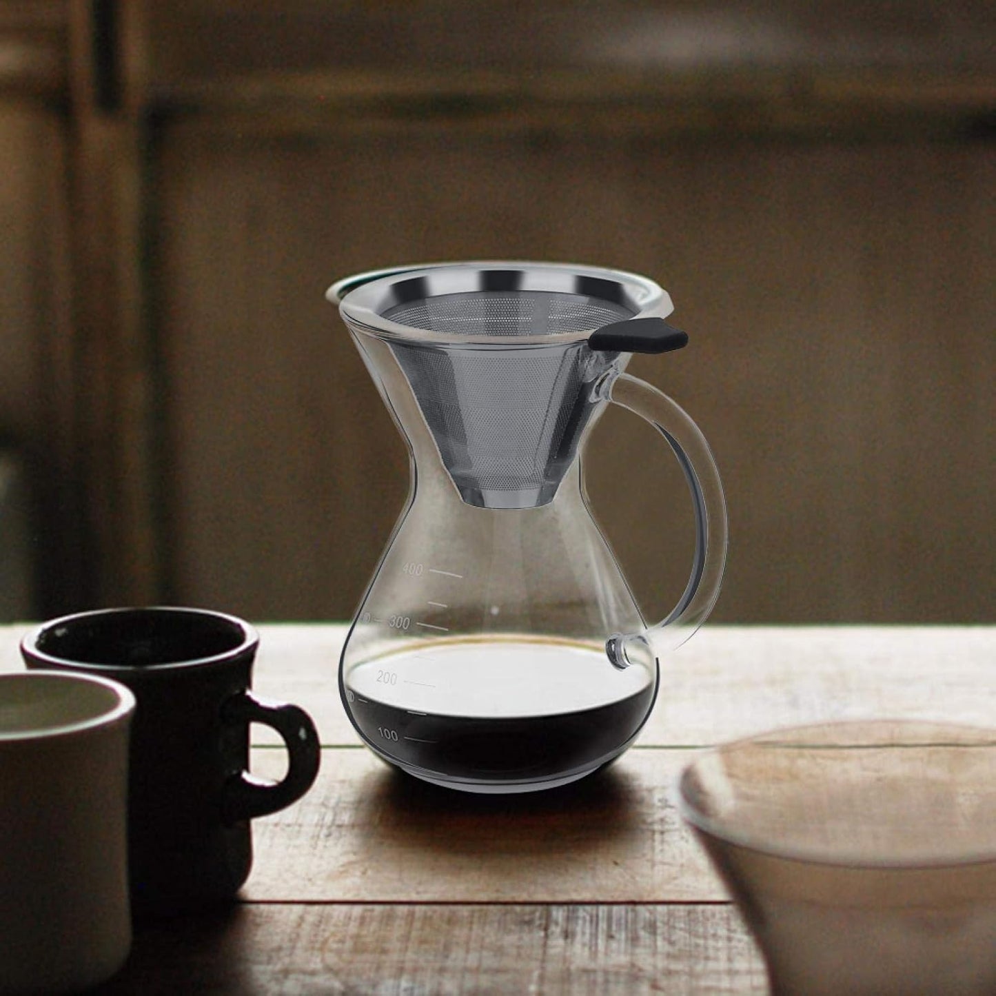 Pour Over Coffee Maker, Reusable 400ml Borosilicate Glass Hand Drip Manual Dripper Brewer Pot with Scale, Portable for