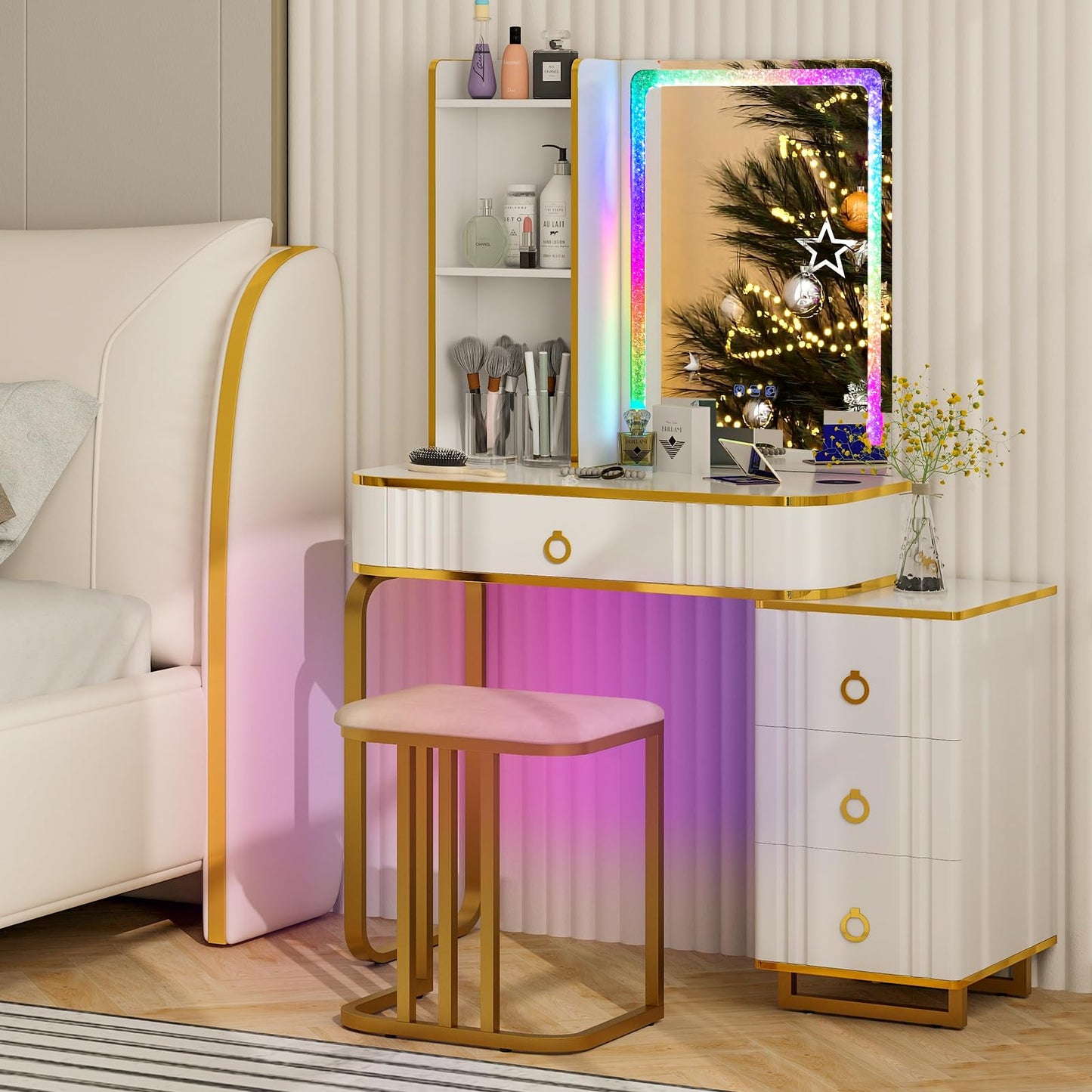 CHARMAID RBG Vanity Desk with Lights and Mirror, 7 Dynamic & 7 Static Modes, White Makeup Vanity Table with 3-Drawer Chest, 3 Shelves, Jewelry Storage Drawer, Girls Dressing Table with Stool