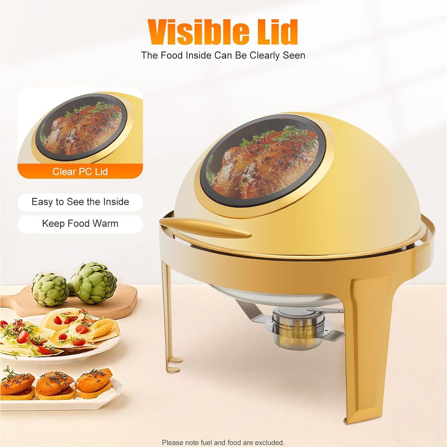 ZephPerton Round Gold Buffet Chafing Dish, Buffet Server Capacity Golden Food Warmer, 180° Roll Top with Visible Glass Lid & Surround Water Heat Insulation for Home Restaurant Party Catering Hotel