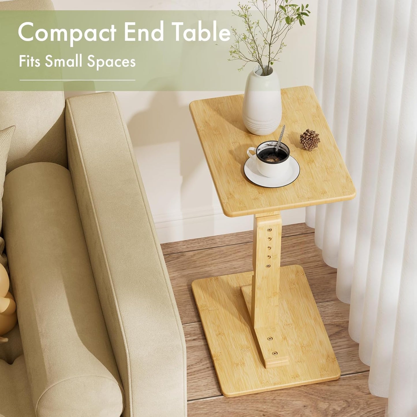 Amazer Bamboo TV Tray Table, Height Adjustable Side Table for Small Spaces, Snack Table for Couch, Bed, Chair, Sofa