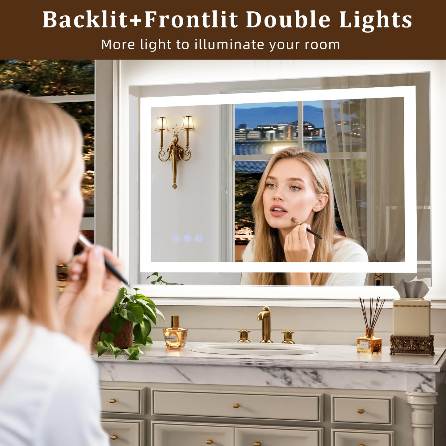 VETROVUE 60"x40" Large Smart LED Bathroom Mirror - Dimmable Brightness, Backlit & Frontlit Lighting, 3 Color Modes, Anti-Fog, Memory Function, Wall Mounted Lighted Vanity Makeup Mirror