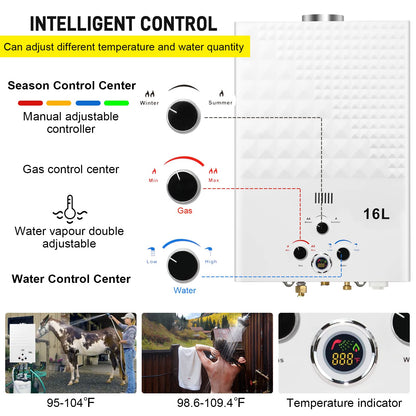 Tankless Water Heater Propane 4.21GPM 16L Outdoor Portable GasHot Water Heater Instant Propane Water Heater with Digital Display Multi-Protection for Camping Trips Boat Cabins