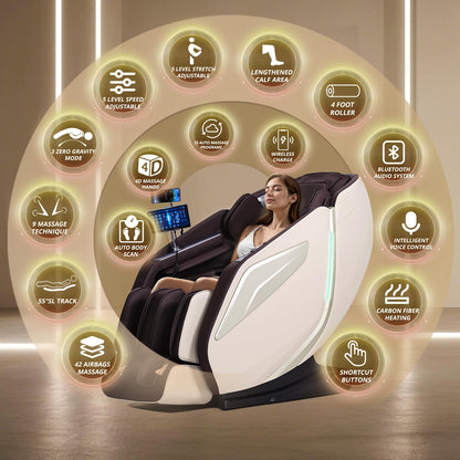 HealthRelife 4D Massage Chair Full Body Zero Gravity Recliner - 55“ SL-Track,15 Auto Modes,11 Massage Technique,40 Airbags Massage,with Yoga Stretch,APP Control,Shiatsu Foot Massage(Coffee)
