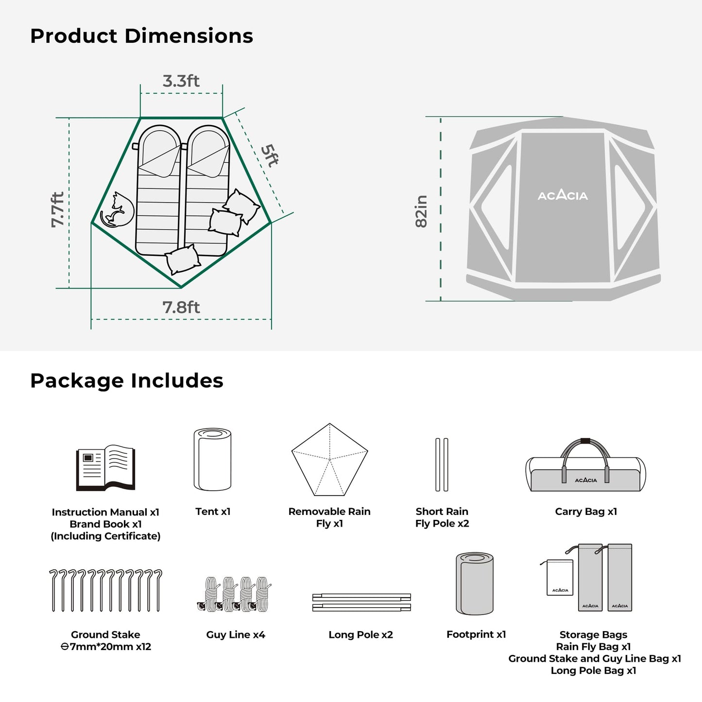 Space Acacia Camping Tent, 2-3 Person Pop Up Tent for Camping with 6'10'' Height, 1 Door, 8 Windows, Waterproof Easy Setup Instant Hub Tent with Removable Rainfly, Footprint for Car Camping, Glamping