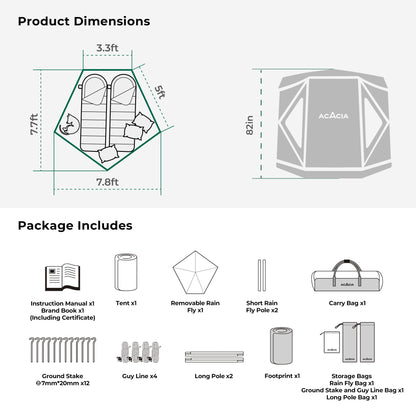 Space Acacia Camping Tent, 2-3 Person Pop Up Tent for Camping with 6'10'' Height, 1 Door, 8 Windows, Waterproof Easy Setup Instant Hub Tent with Removable Rainfly, Footprint for Car Camping, Glamping