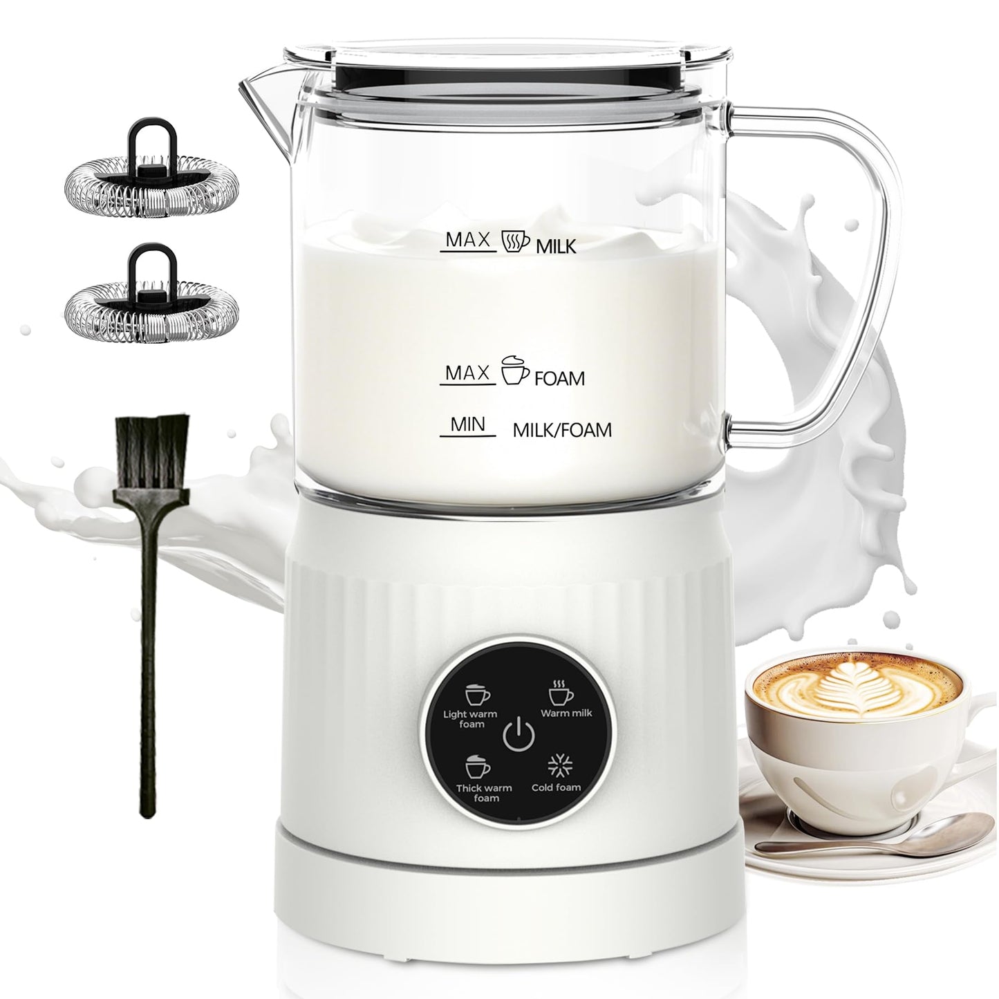 Casimhu 4-in-1 Milk Frother, Electric Milk Frother and Steamer with LED Touch Screen, Ceramic Lining Bottom, Milk Warmer 13.52oz for Lattes, Cappuccinos, and Macchiatos at Home, White