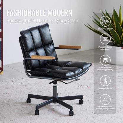 PELLEBAR Home Office Desk Chair, Ergonomic Mid-Century Modern Genuine Leather Chair with Oak Armrest, Executive Rolling Swivel Adjustable Task Armchair for Adults, Black