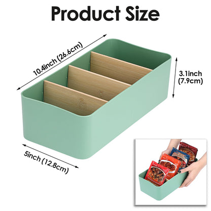 BSTKEY Seasoning Packet Organizer, Food Storage Organizer with Divided 4 Bamboo Wood Compartments, Green Plastic Storage Caddy for Pantry Cabinet, Kitchen Organization Bin for Snacks Spice Packets