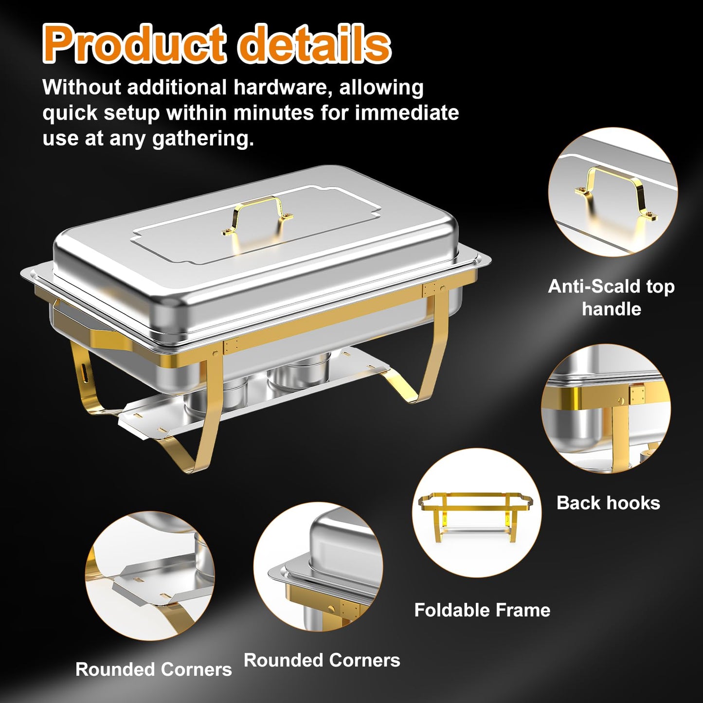 ZLMTZDJD 4 Pack 9 Qt Chafing Dishes Buffet Set - Gold Stainless Steel Food Warmers with 12 Serving Utensils (Tongs, Ladles, Spoons) for BBQ, Parties, Catering, Weddings, Events