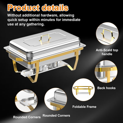 ZLMTZDJD 4 Pack 9 Qt Chafing Dishes Buffet Set - Gold Stainless Steel Food Warmers with 12 Serving Utensils (Tongs, Ladles, Spoons) for BBQ, Parties, Catering, Weddings, Events