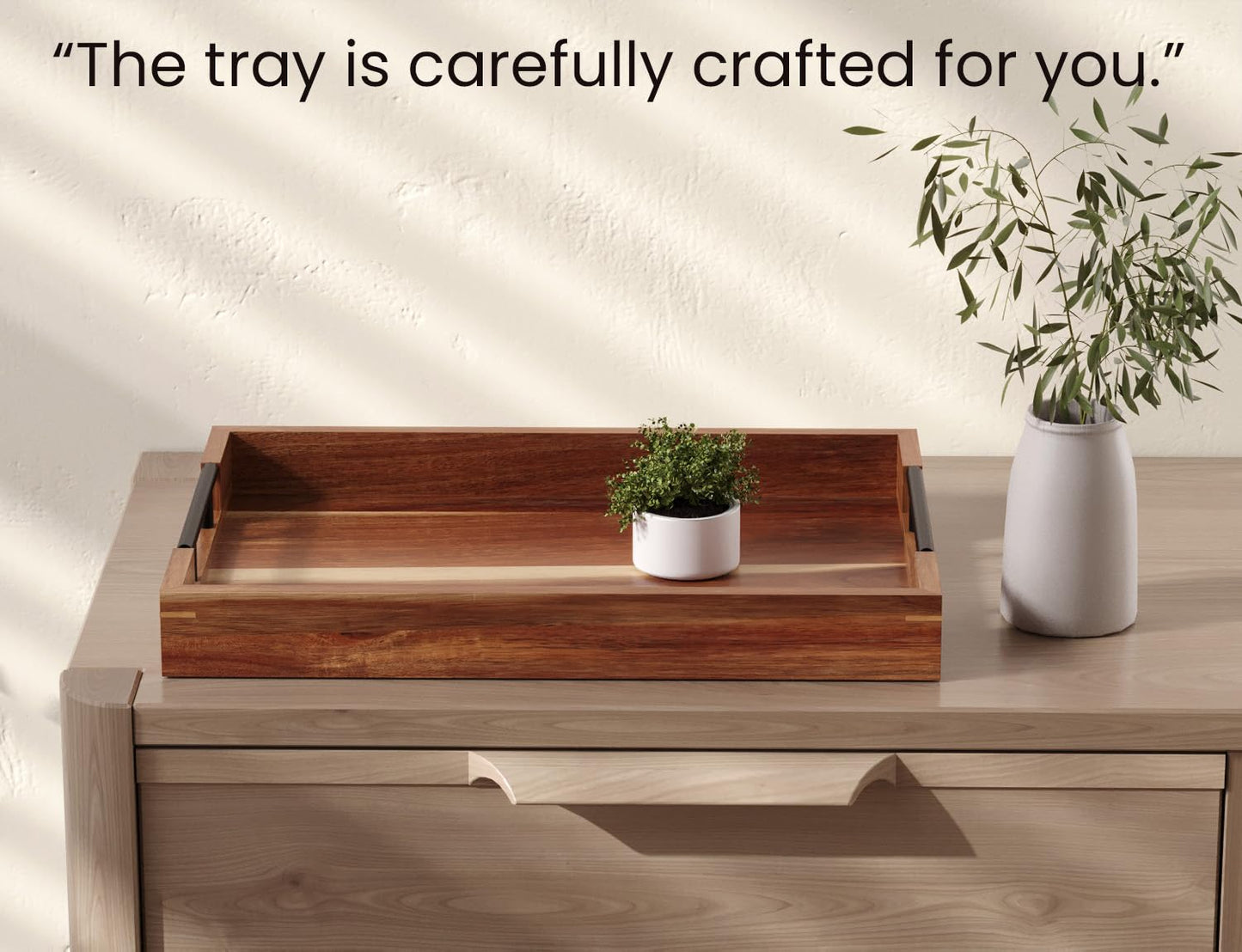Fibogollo Acacia Wood Serving Tray with Metal Handles,17x12in Ottoman Decorative Trays Platter for Coffee Table,Living Room,Bar,Party(Large)
