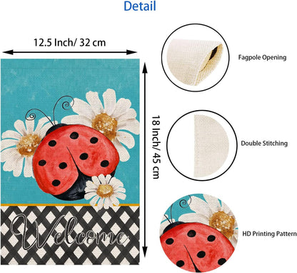 Welcome Ladybug Daisy Flowers Garden Flag - Vertical Double-Sided 12.5x18 Inch Watercolor Painting for Spring